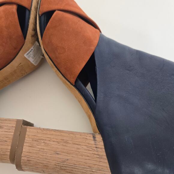 Vince Sample Open Toed Booties Navy Brown Stacked Heel Fall Italy Women 6M - Picture 7 of 10